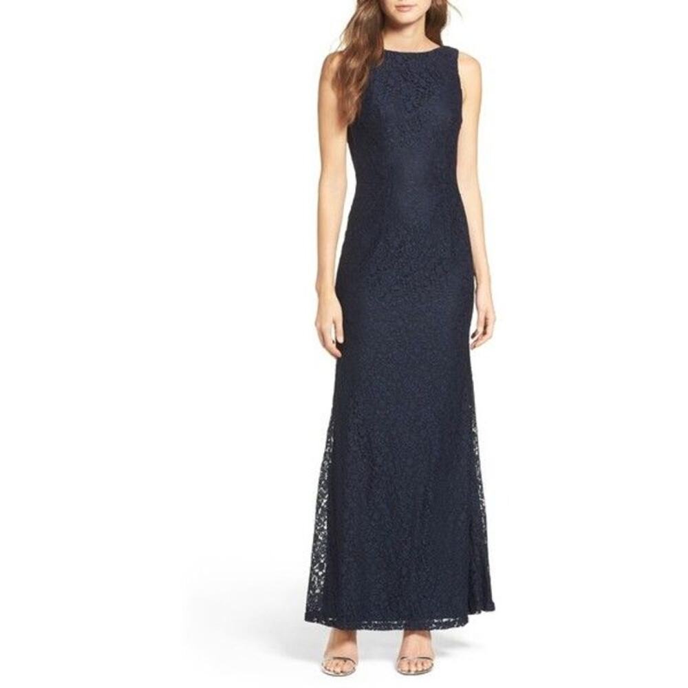 Lulus Cowl Back Lace Mermaid Gown Navy Blue Size X-Large